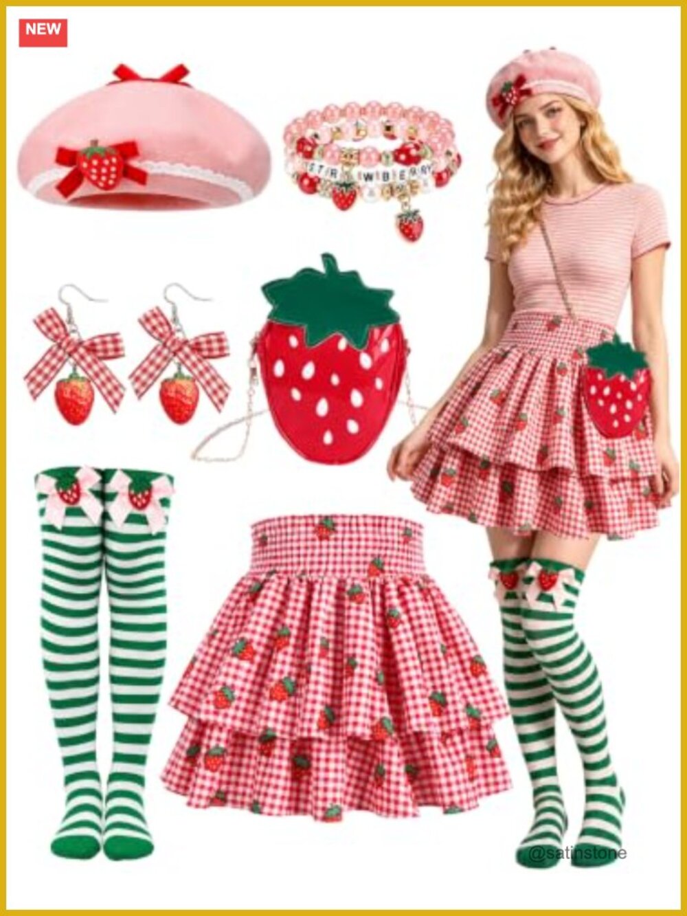 8 Pc Strawberry Cake Costume Set Beret Skirt Bag Earrings Socks Cosplay